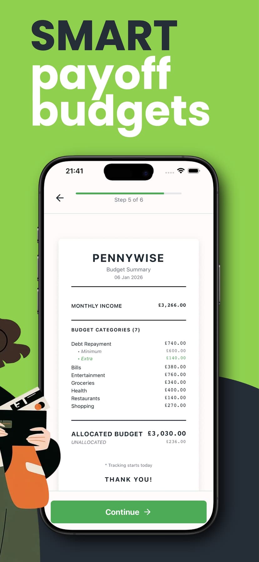 Smart payoff budgets with detailed summaries