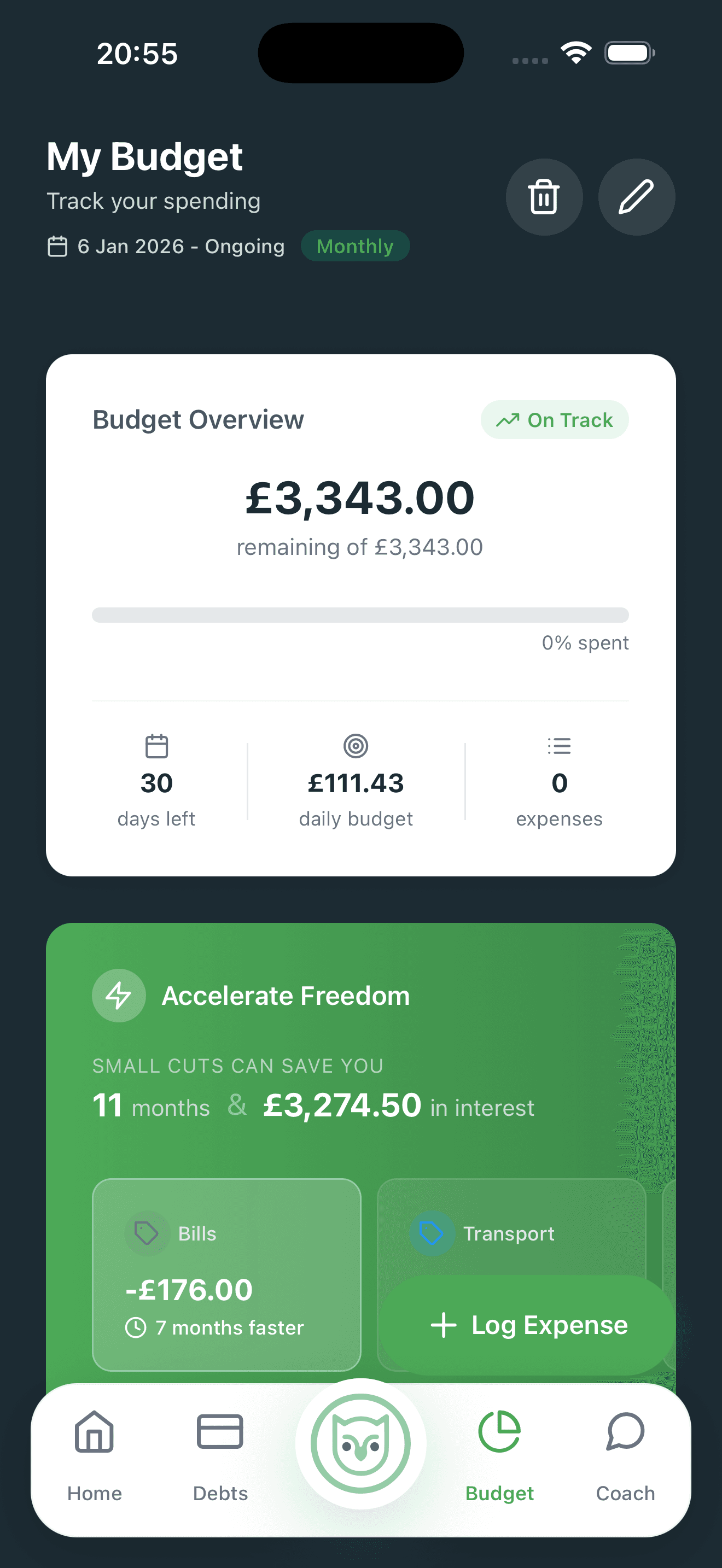 PennyWise Budget Overview with daily tracking