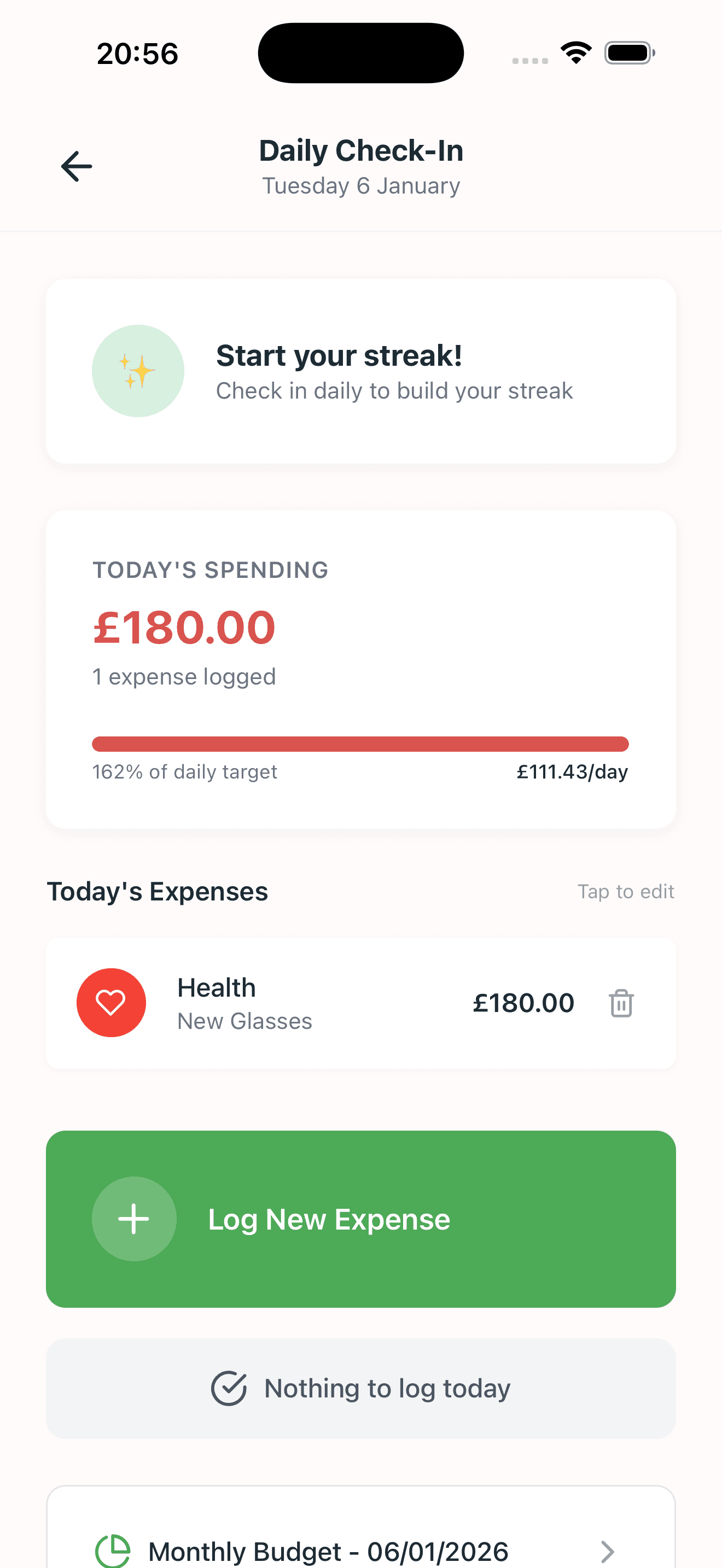 PennyWise Daily Check-In for expense tracking