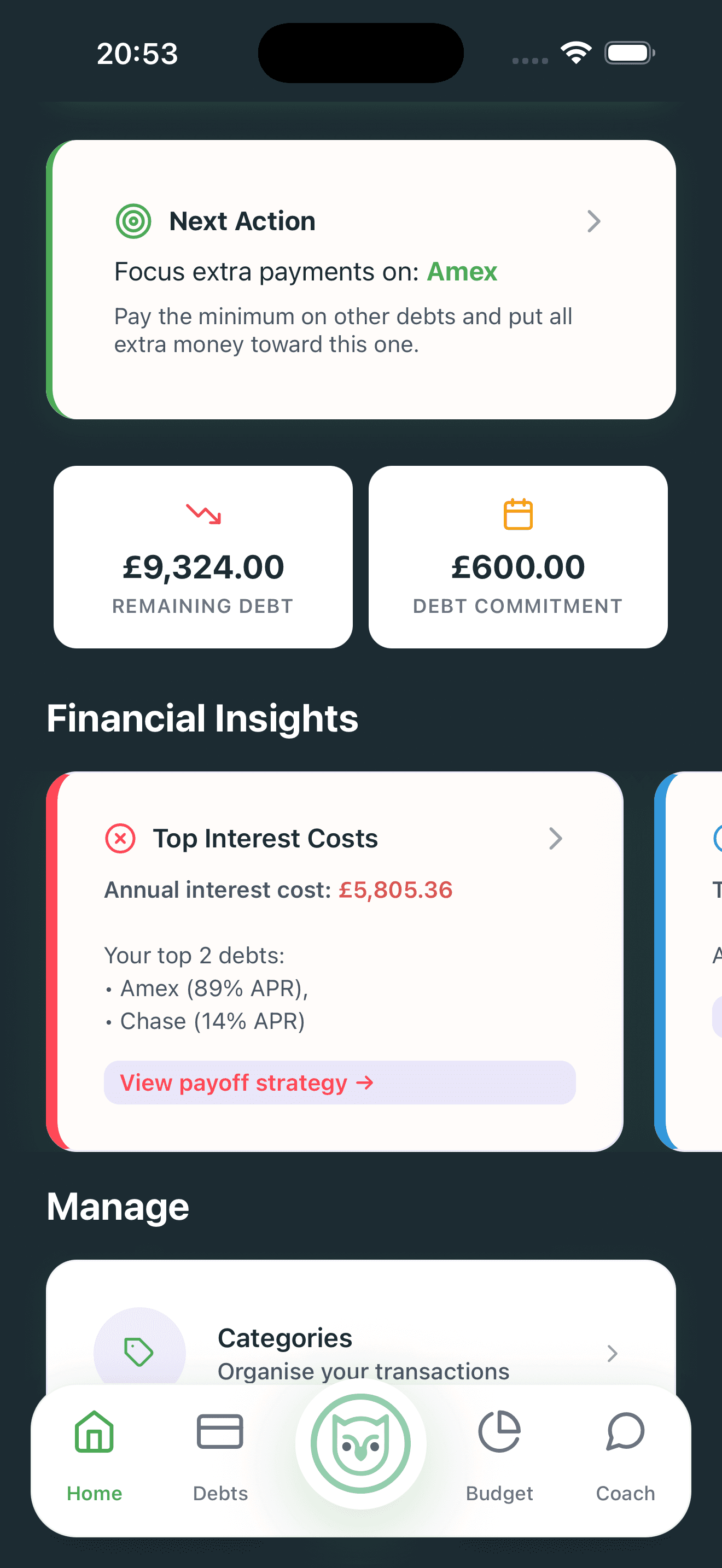 PennyWise Home Dashboard with financial score and debt tracking