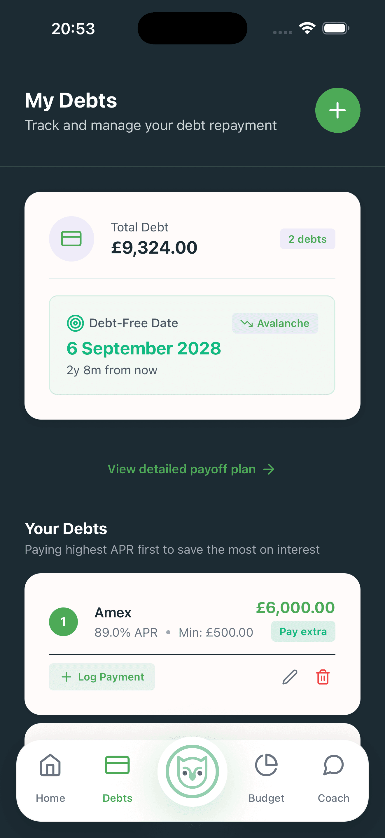 PennyWise My Debts screen showing debt-free date