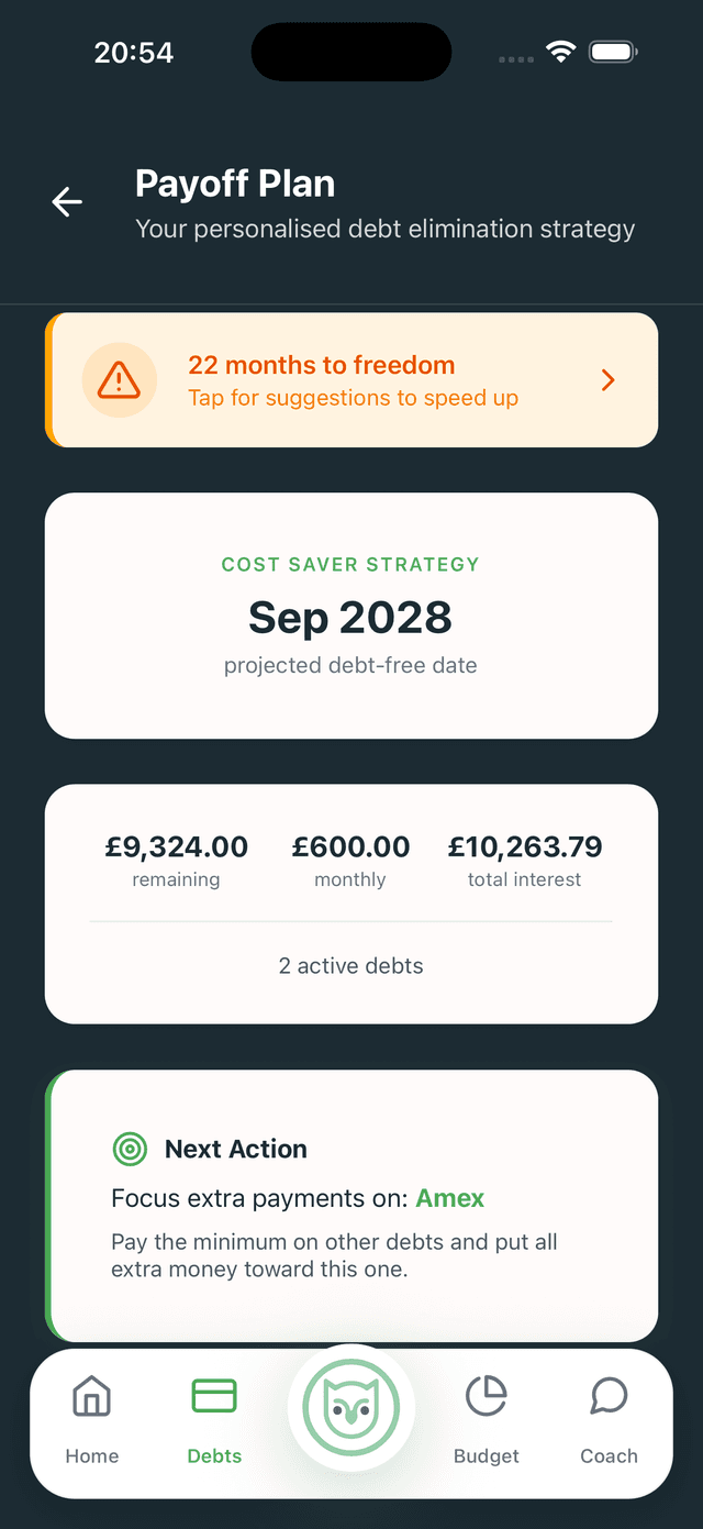 PennyWise Payoff Plan showing debt-free date